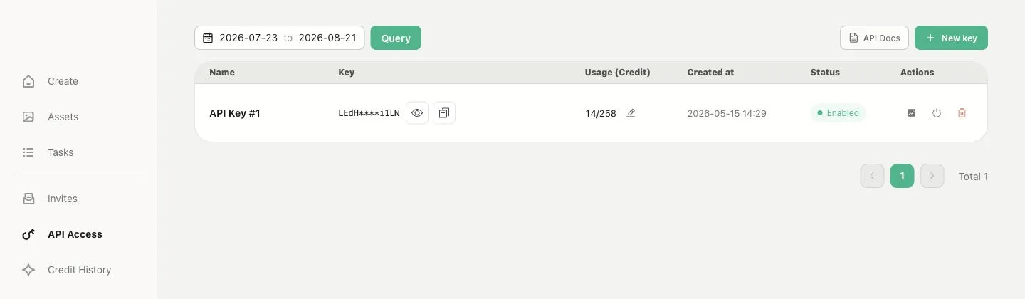 API Access page with masked keys, usage, status, and limits