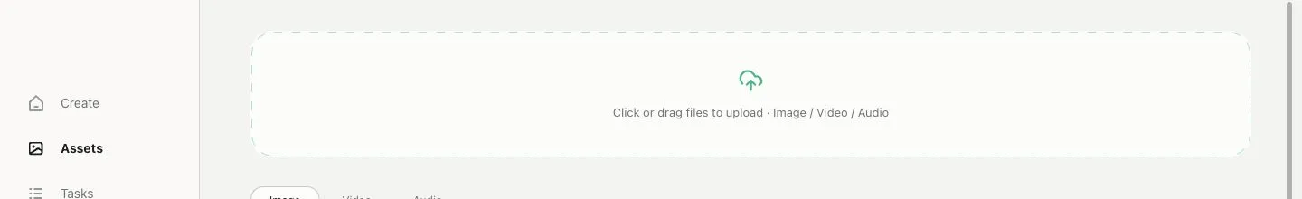 Assets page for image, video, and audio uploads