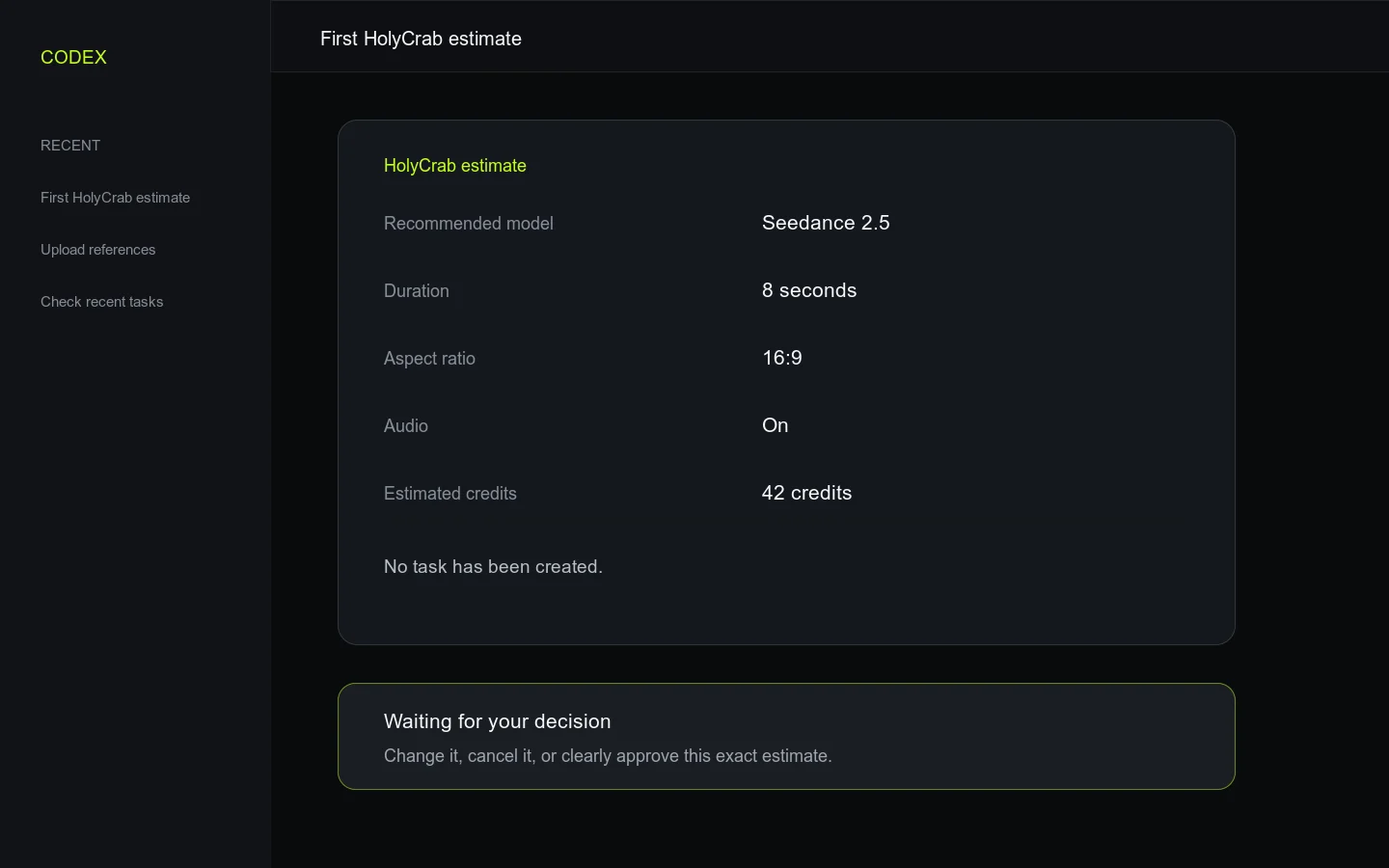 Codex showing a HolyCrab credit estimate and waiting for confirmation