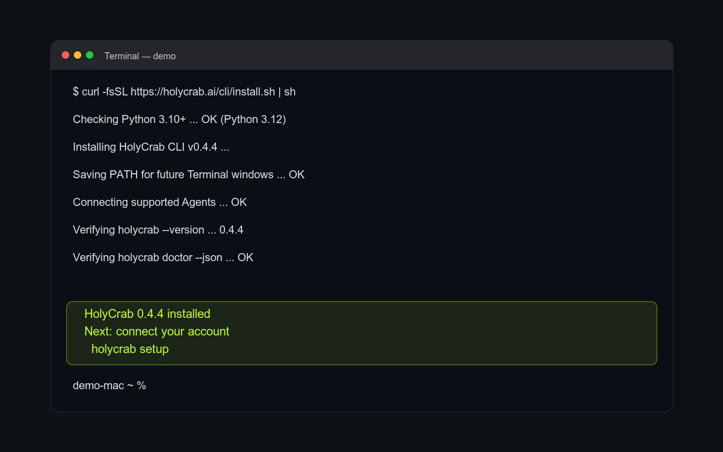 Terminal showing a successful HolyCrab CLI installation