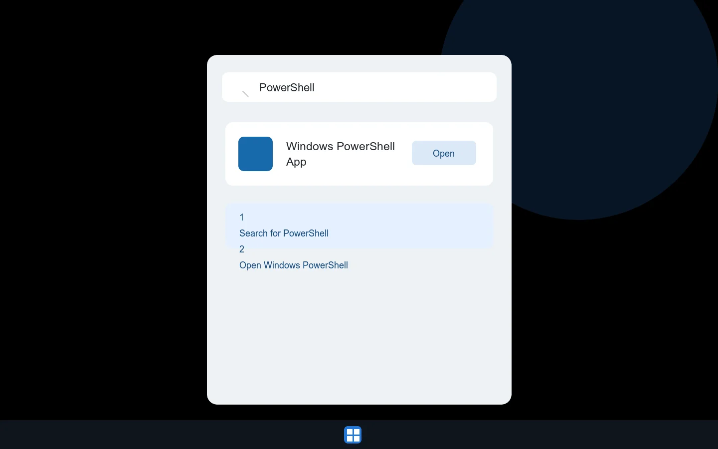 Windows Start menu search showing Windows PowerShell