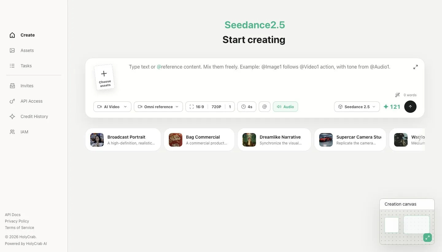 HolyCrab Create page with prompt, asset, model, and generation controls