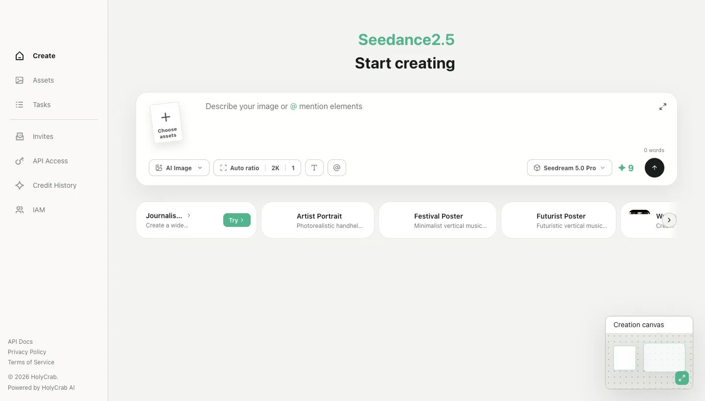 AI Image creation controls and Seedream model selection