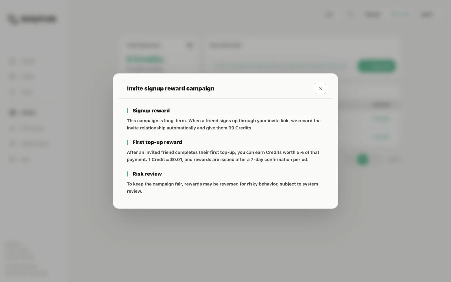Invites page with reward summary, invite link, and invitee records
