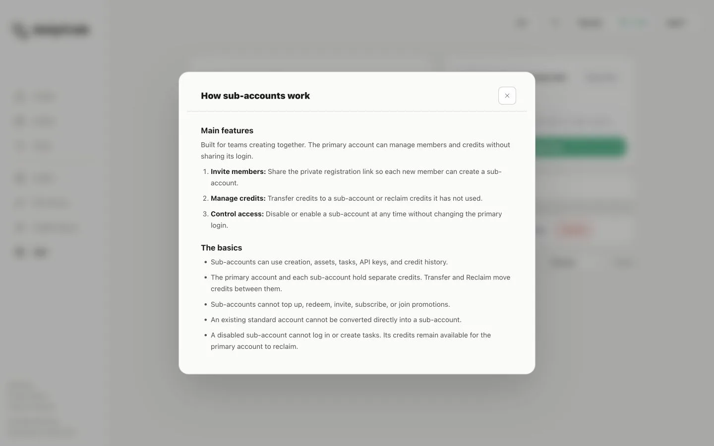Sub-account management page with registration link and credit controls