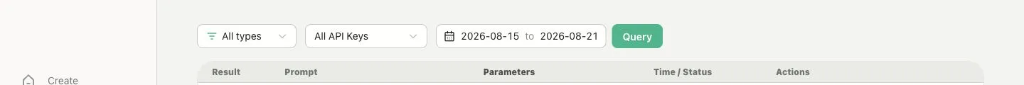 Tasks page with type, API Key, and date filters