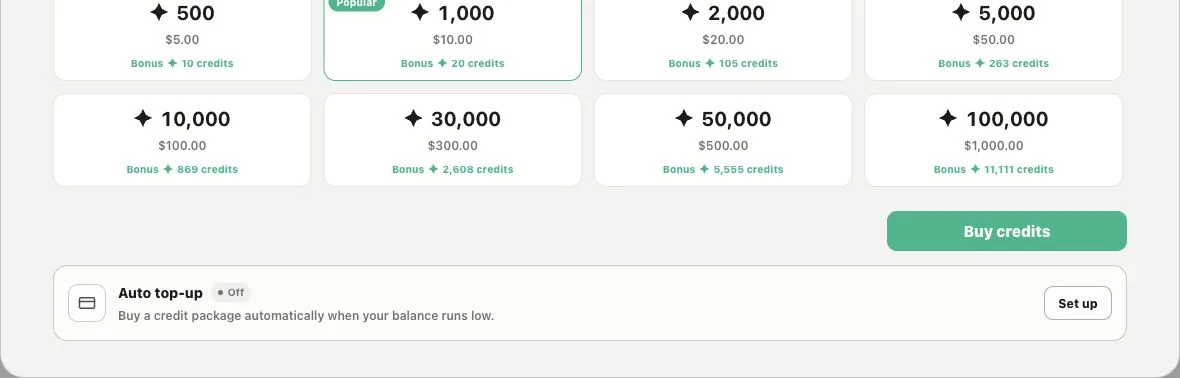 Token packs and automatic top-up settings